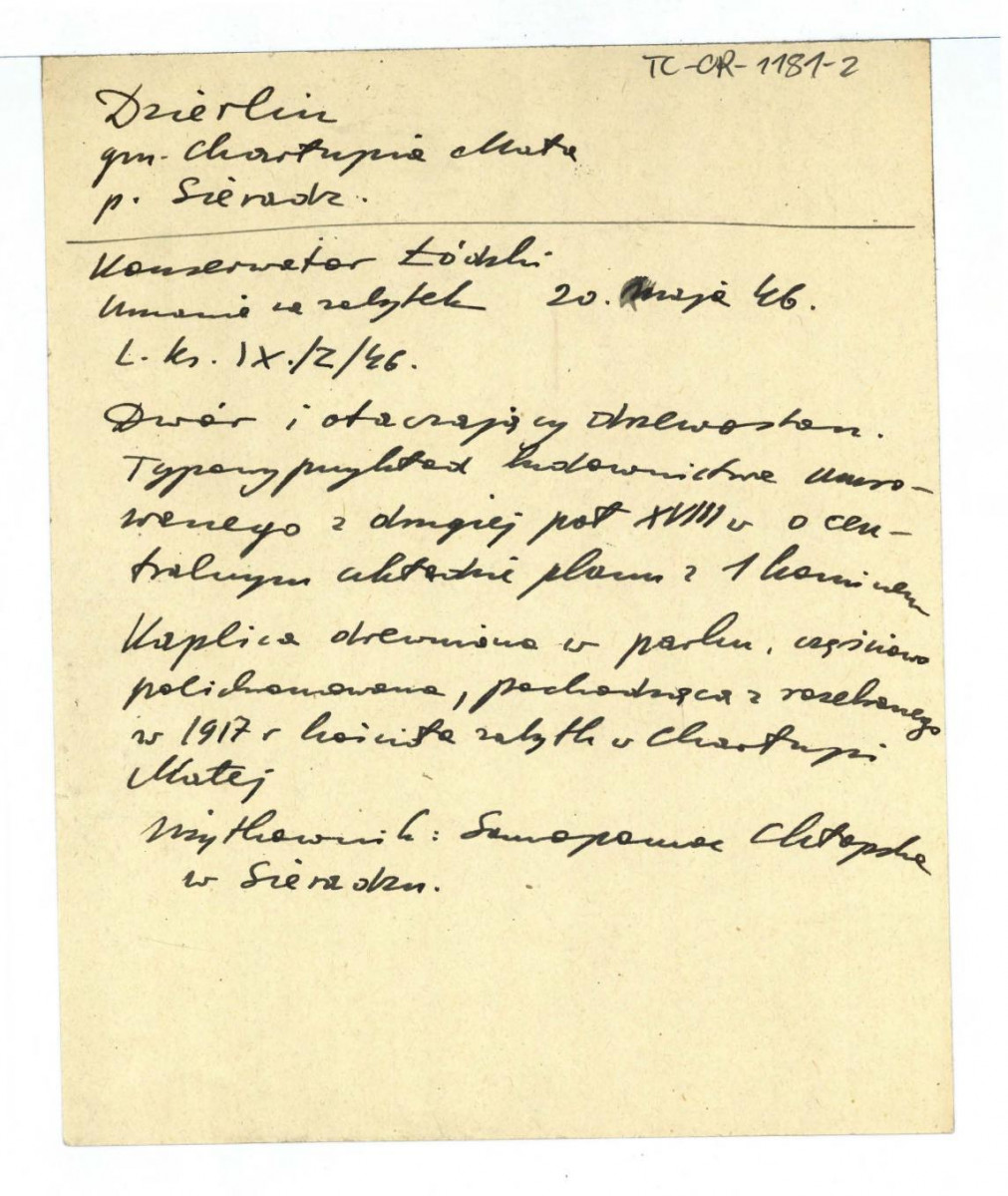 wypis na podst. decyzji Wojewódzkiego Konserwatora Zabytków w Łodzi z 20 maja 1946 r. (L.K. IX/2/46)  o uznaniu za zabytek dworu w ww. miejscowości  , skan 1