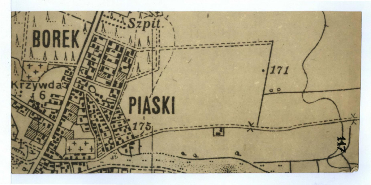fragment tekturowej mapy z widocznymi zabudowaniami; według wpisu na odwrotnej stronie usytuowanych w południowej części Tarnobrzega (1 : 5000)                  , skan 1