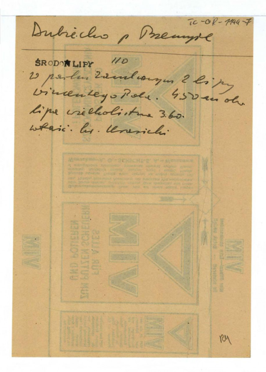 wypis z  Środoń A., Inwentarz zabytkowych lip w Polsce w: „Ochrona Przyrody”, 1935 dotycząca drzewostanu w zamkowym parku, skan 1