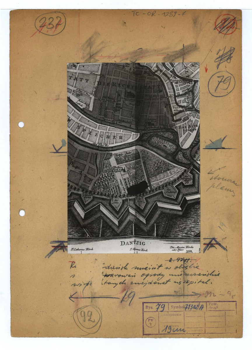 fotografia czarno-biała reprodukcja litografii na karcie, fragment parku miejskiego w Gdańsku w XVIII w. , skan 1