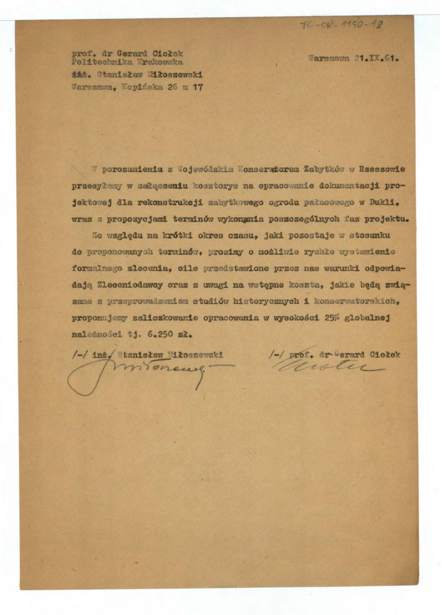 zawiadomienie o przesłaniu kosztorysu z dnia 21 IX 1961 r. , skan 1