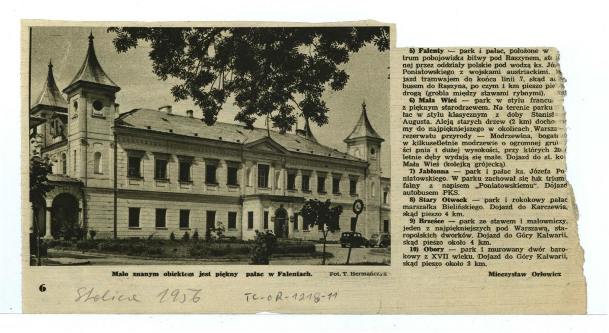 wycinek z czasopisma „Stolica” (1956) z fot. pałacu oraz zwięzłym opisem autorstwa Mieczysława Orłowicza , skan 1