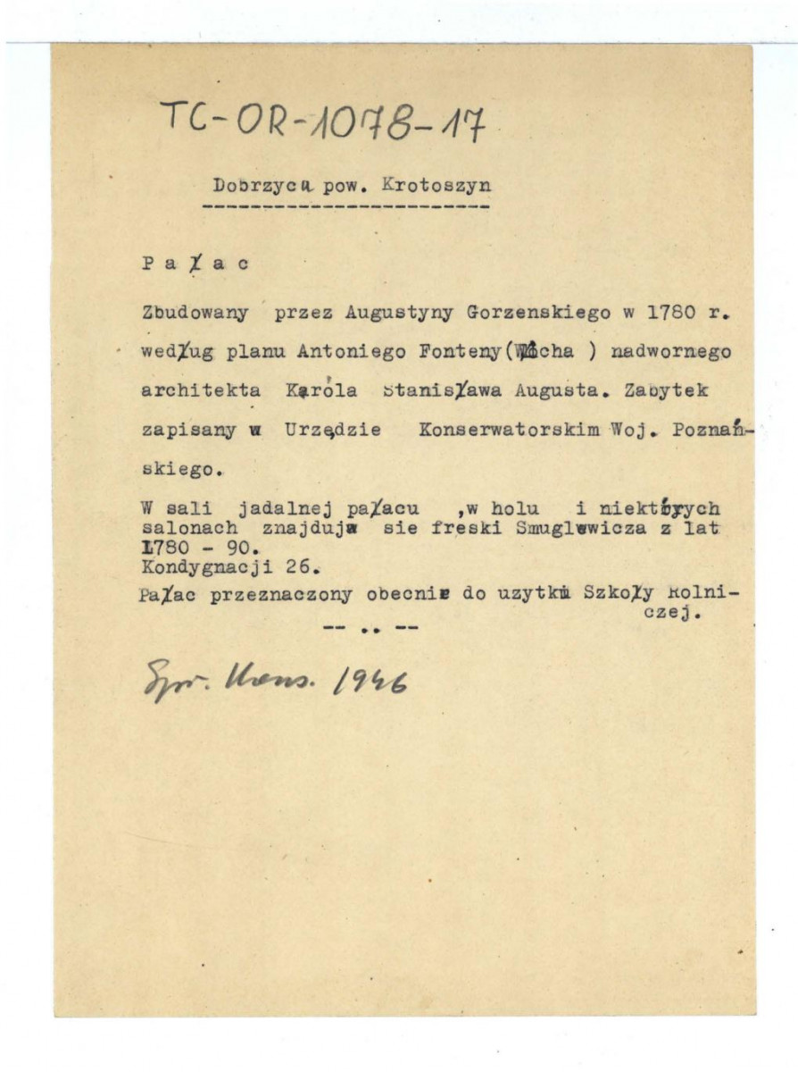 Sprawozdanie Konserwatora z roku 1946 dotycząca pałacu w ww. miejscowości; dwie karty, skan 1