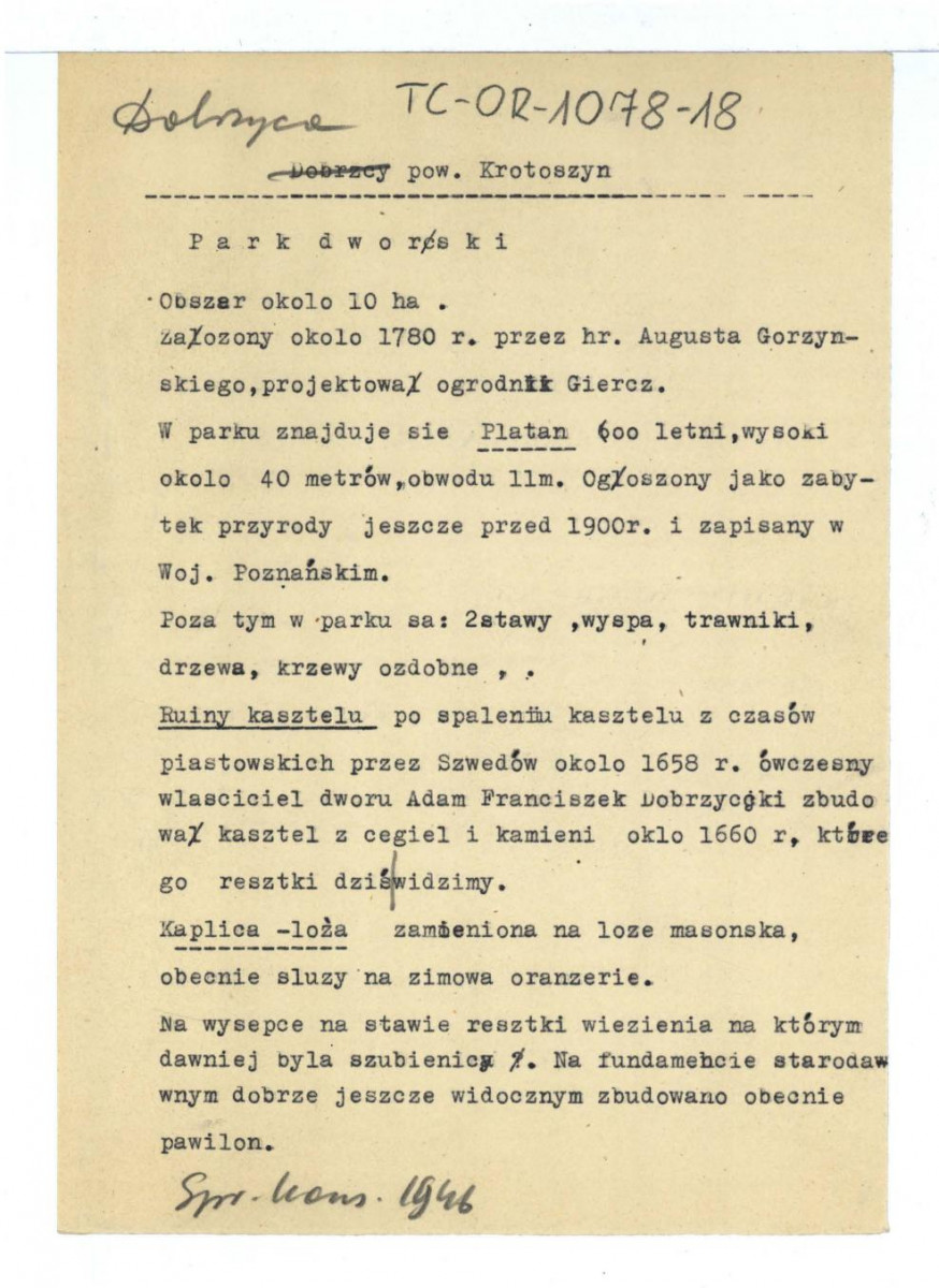 Sprawozdanie Konserwatora z roku 1946 dotycząca ogrodu w ww. miejscowości; dwie karty     , skan 1