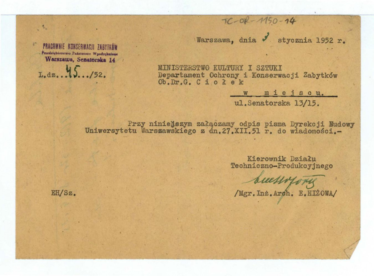potwierdzenie załączenia odpisu pisma Dyrekcji Budowy Uniwersytetu Warszawskiego do G. Ciołka z dnia 3 stycznia 1952 r.; na odwrocie wypis z: „Ziemia” (1912), s. 824-825, skan 1