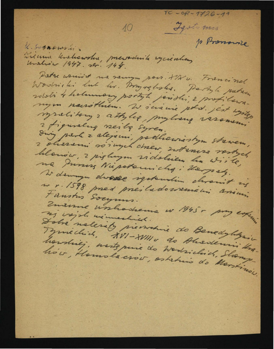 wypis z Sosnowski Kazimierz, Ziemia Krakowska – przewodnik wycieczkowy, Kraków 1947, dotycząca pałacu z pocz. XIX w. oraz parku  , skan 1