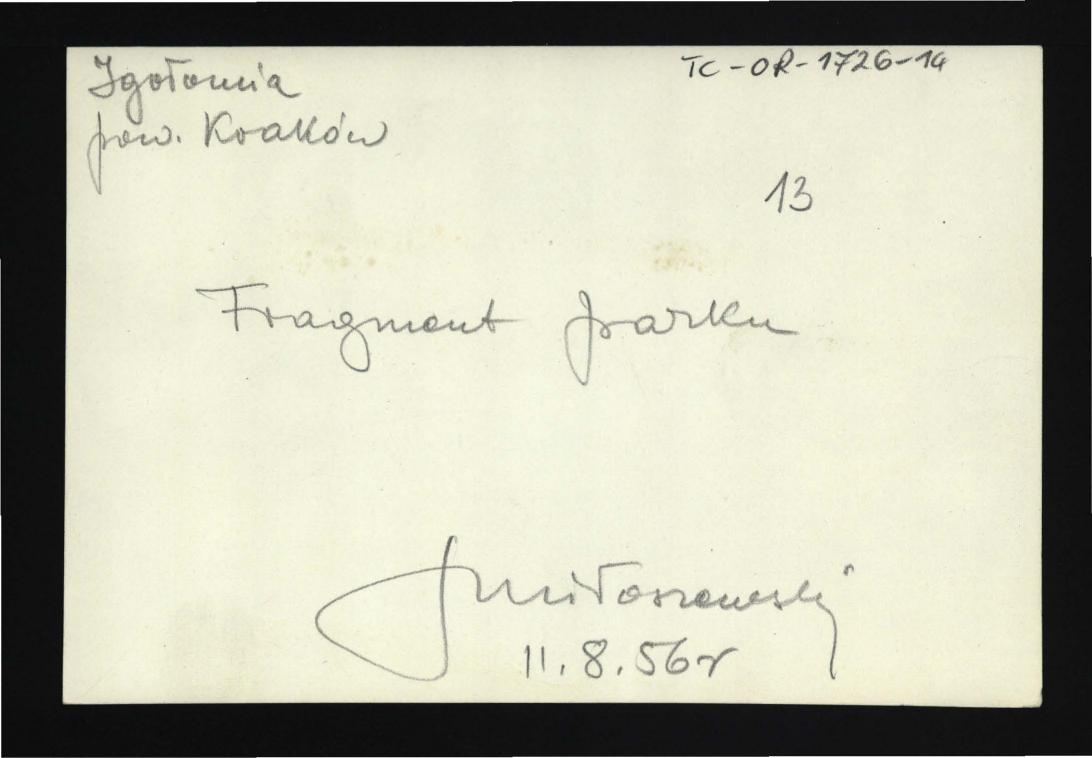 3 fotografie czarno-białe przedstawiające fragment elewacji frontowej pałacu oraz pobliski park; 11 sierpnia 1956 r.                                           , skan 4