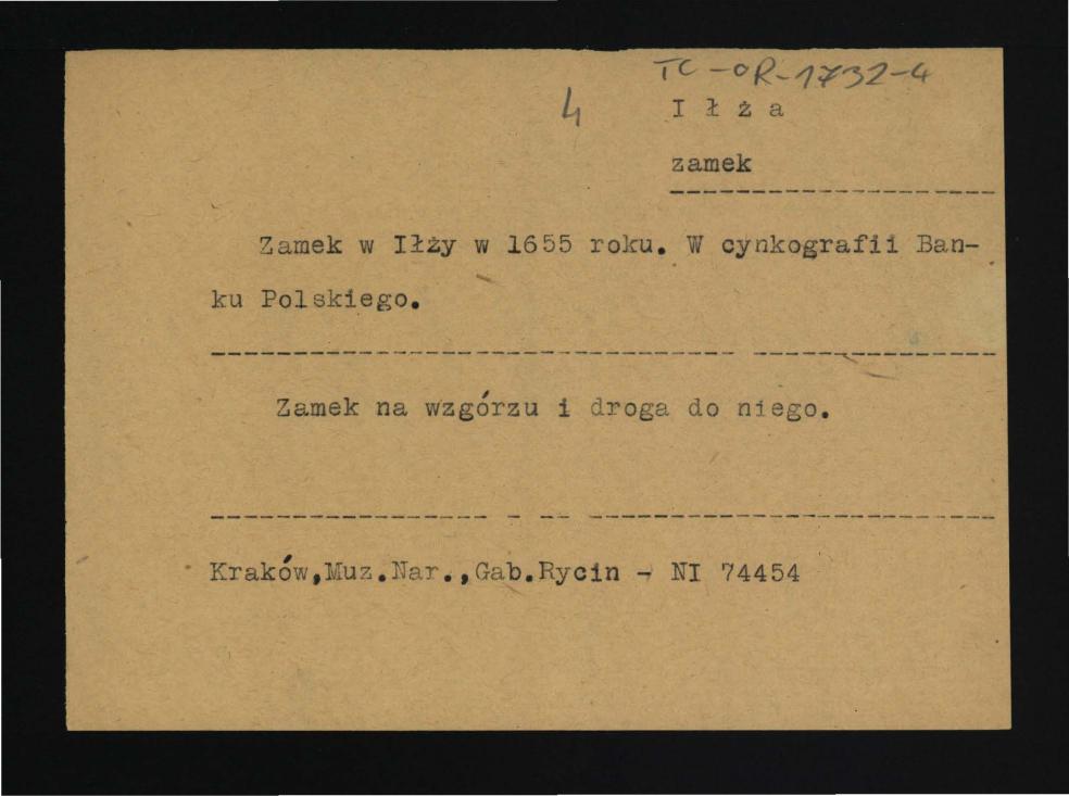 trzy karty opisowe do fotografii ukazujących ruiny zamku na wzgórzu oraz zamek i drogę doń prowadzącą; ze zbiorów Gabinet Rycin Muzeum Narodowego w Krakowie , skan 1