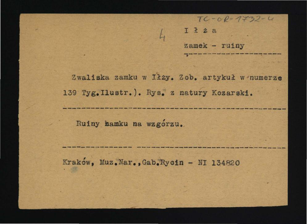 trzy karty opisowe do fotografii ukazujących ruiny zamku na wzgórzu oraz zamek i drogę doń prowadzącą; ze zbiorów Gabinet Rycin Muzeum Narodowego w Krakowie , skan 2
