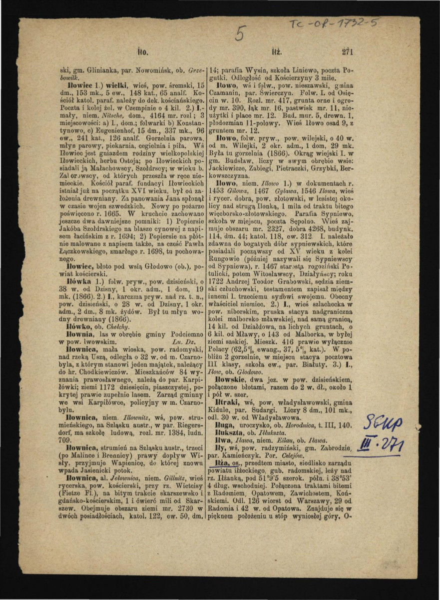dwie karty pochodzące z Słownik Geograficzny Królestwa Polskiego t. III, s. 271-274 zawierające opis dziejów Iłży oraz tamtejszych zabytków   , skan 1