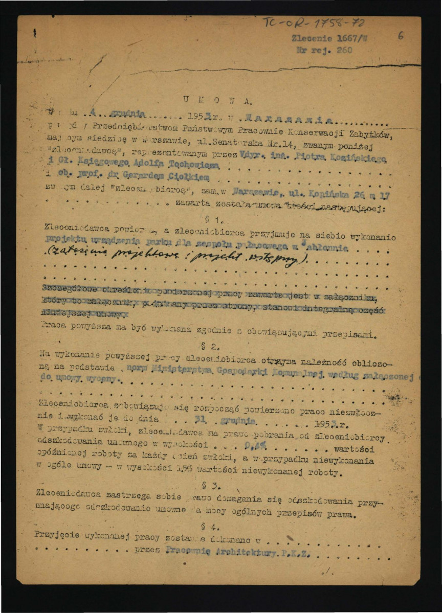 umowa z 4 grudnia 1953 r. wystawiona przez Przedsiębiorstwo Konserwacji Zabytków dotycząca wykonania projektu urządzenia parku dla miejscowego zespołu pałacowego  , skan 1