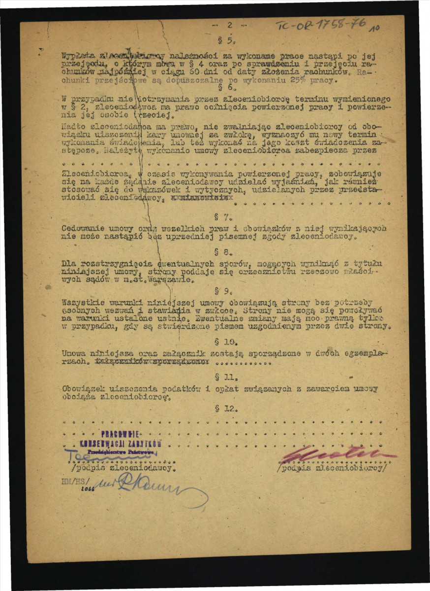umowa z 3 czerwca 1954 r. wystawiona przez Przedsiębiorstwo Konserwacji Zabytków dotyczący wykonania projektu miejscowego parku  , skan 2