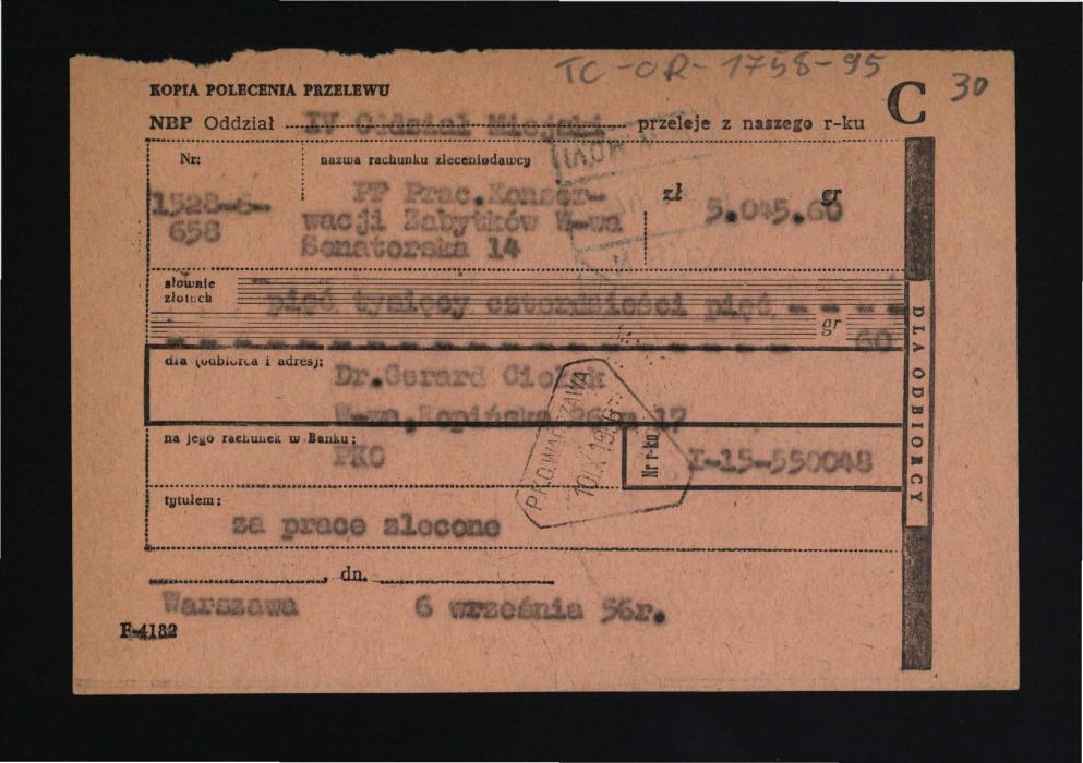 Kopia polecenia przelewu z 6 września 1956 r. , skan 1