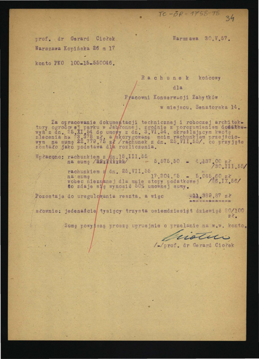 Rachunek przejściowy dla Pracowni Konserwacji Zabytków ze strony Gerarda Ciołka datowany 30 maja 1957 r. , skan 2