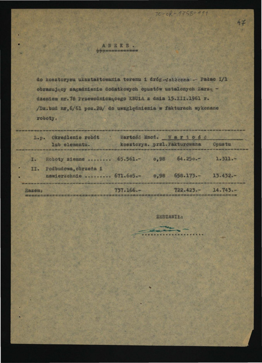 aneks do kosztorysu ukształtowania terenu i dróg-Jabłonna-Pałac 1/1 obrazujący zagadnienie dodatkowych opustów ustalonych Zarządzeniem nr 78 przewodniczącego KBUiA z dnia 15.XII.1961 r. /Dz. Bud. Nr, 6/61 poz. 28/ do uwzględnienia w fakturach wykonane roboty, skan 1