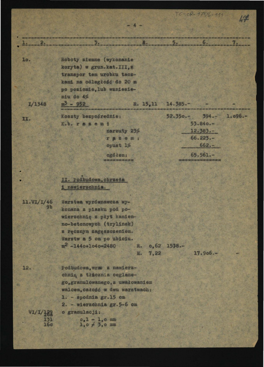 aneks do kosztorysu ukształtowania terenu i dróg-Jabłonna-Pałac 1/1 obrazujący zagadnienie dodatkowych opustów ustalonych Zarządzeniem nr 78 przewodniczącego KBUiA z dnia 15.XII.1961 r. /Dz. Bud. Nr, 6/61 poz. 28/ do uwzględnienia w fakturach wykonane roboty, skan 4