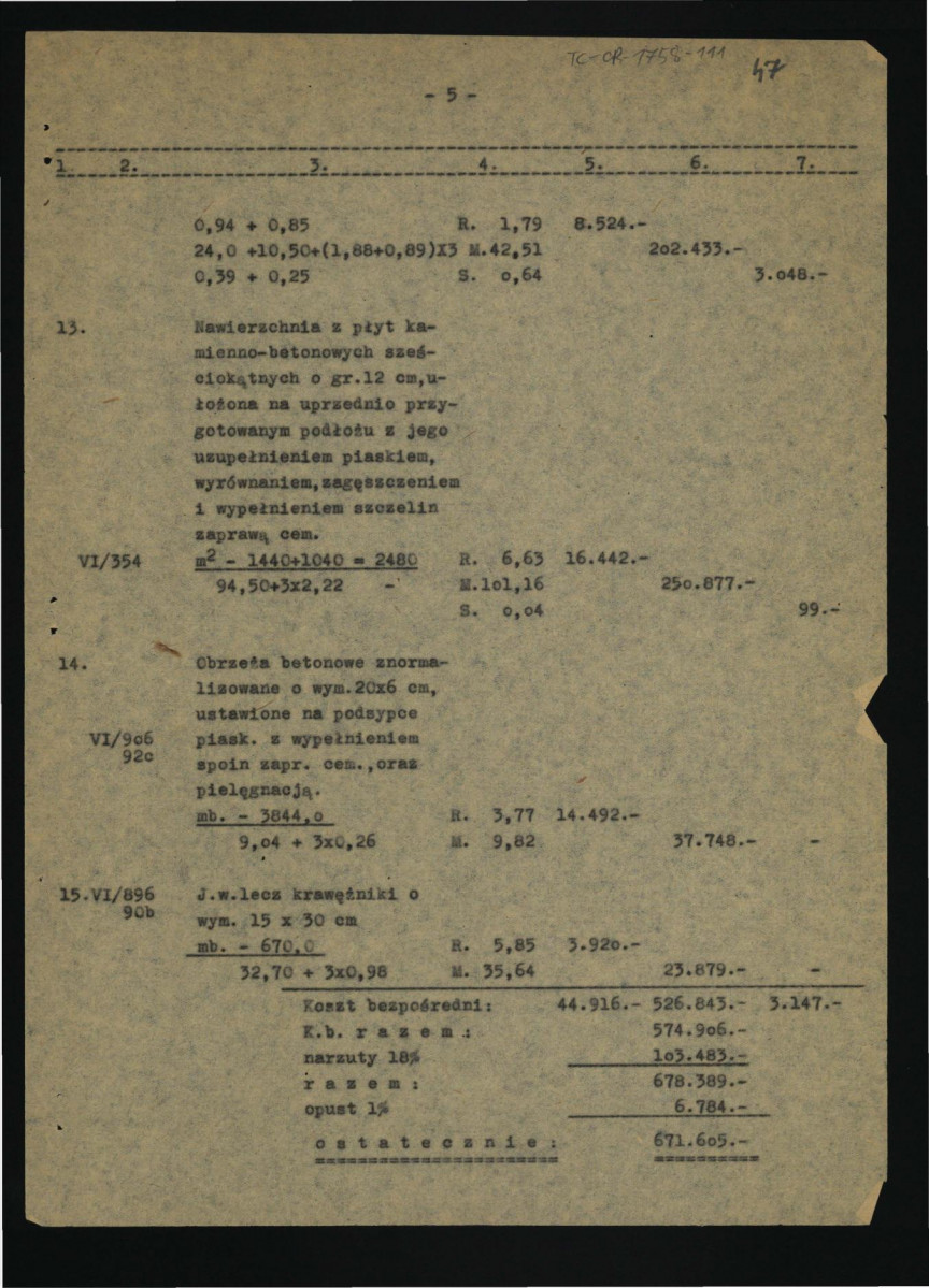 aneks do kosztorysu ukształtowania terenu i dróg-Jabłonna-Pałac 1/1 obrazujący zagadnienie dodatkowych opustów ustalonych Zarządzeniem nr 78 przewodniczącego KBUiA z dnia 15.XII.1961 r. /Dz. Bud. Nr, 6/61 poz. 28/ do uwzględnienia w fakturach wykonane roboty, skan 5