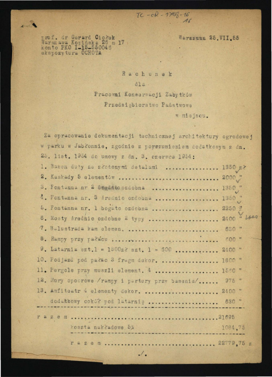 rachunek dla Pracowni Konserwacji Zabytków Przedsiębiorstwa Państwowego z 25 lipca 1955 r. przez Gerarda Ciołka , skan 1