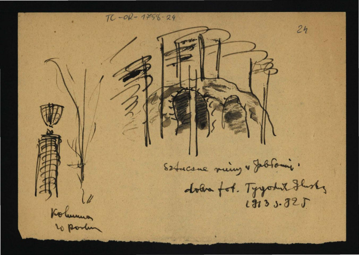 szkic ukazujący sztuczne ruiny w miejscowym parku na podstawie fotografii zamieszczonej w "Tygodniku Ilustrowanym" (1913), s. 825, skan 1