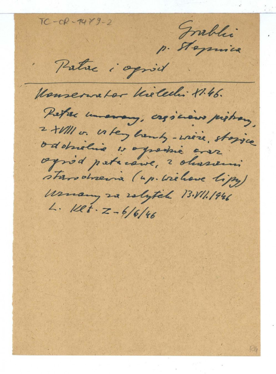 wypis ze Sprawozdania Wojewódzkiego Konserwatora Zabytków w Kielcach z listopada 1946 r. dotycząca murowanego pałacu z XVIII w. oraz ogrodu , skan 1