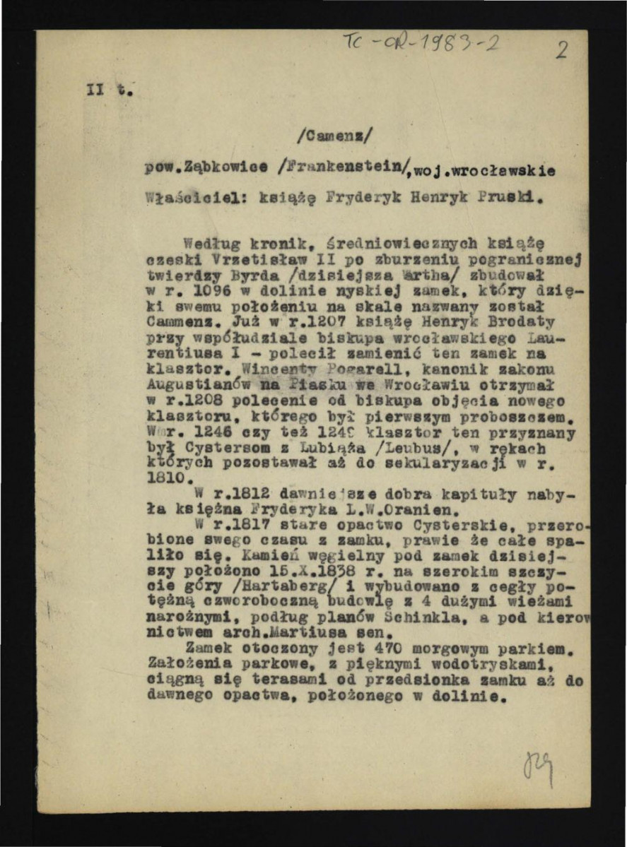 wypis z Weber R., Schlesische Schloesser, t. II, Dresden-Breslau 1909 dotycząca dziejów ww. miejscowości od 1096 r. oraz zamku i parku; dwie karty, skan 1