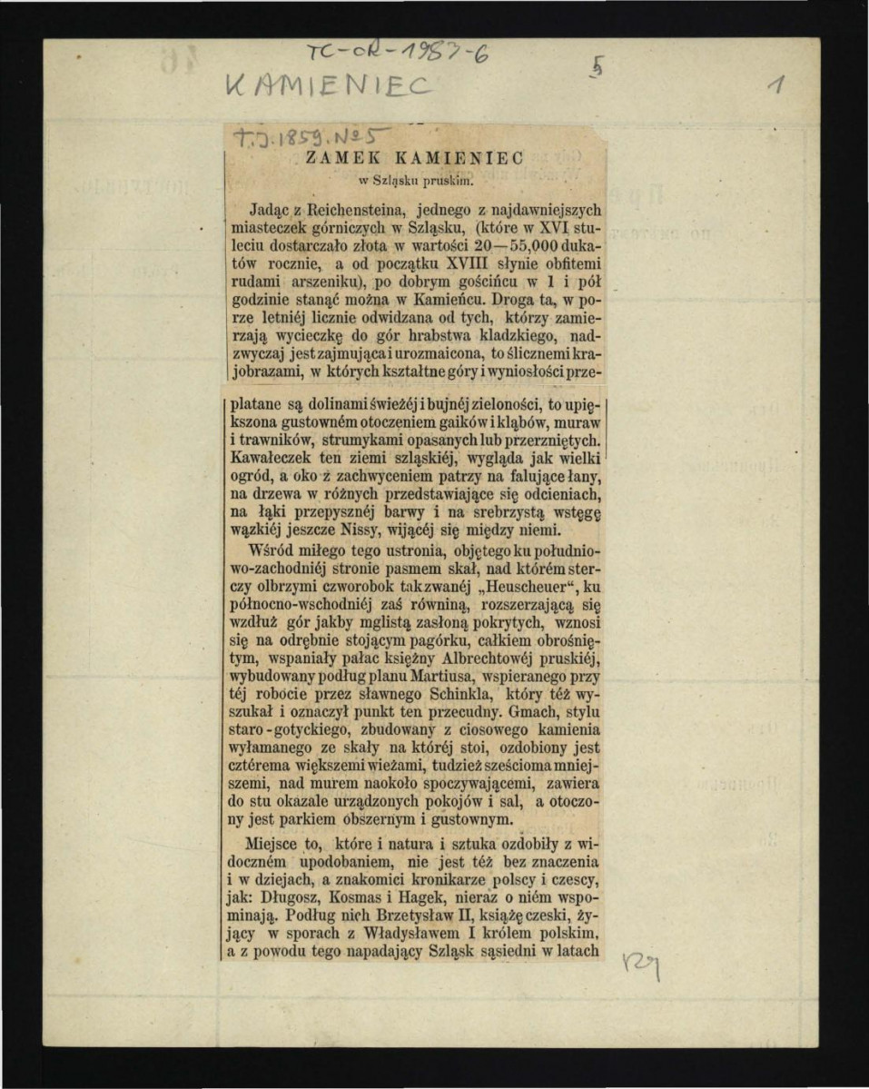 wycinek z „Tygodnika Ilustrowanego” nr 5 (1959) zawierający tekst dotyczący zamku w tej miejscowości; dwie karty , skan 1