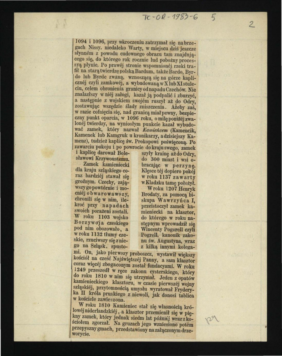 wycinek z „Tygodnika Ilustrowanego” nr 5 (1959) zawierający tekst dotyczący zamku w tej miejscowości; dwie karty , skan 2