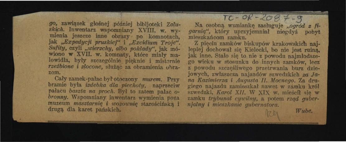 wycinek z niezidentyfikowanej publikacji z artykułem Zamek biskupów krakowskich w Kielcach, skan 3