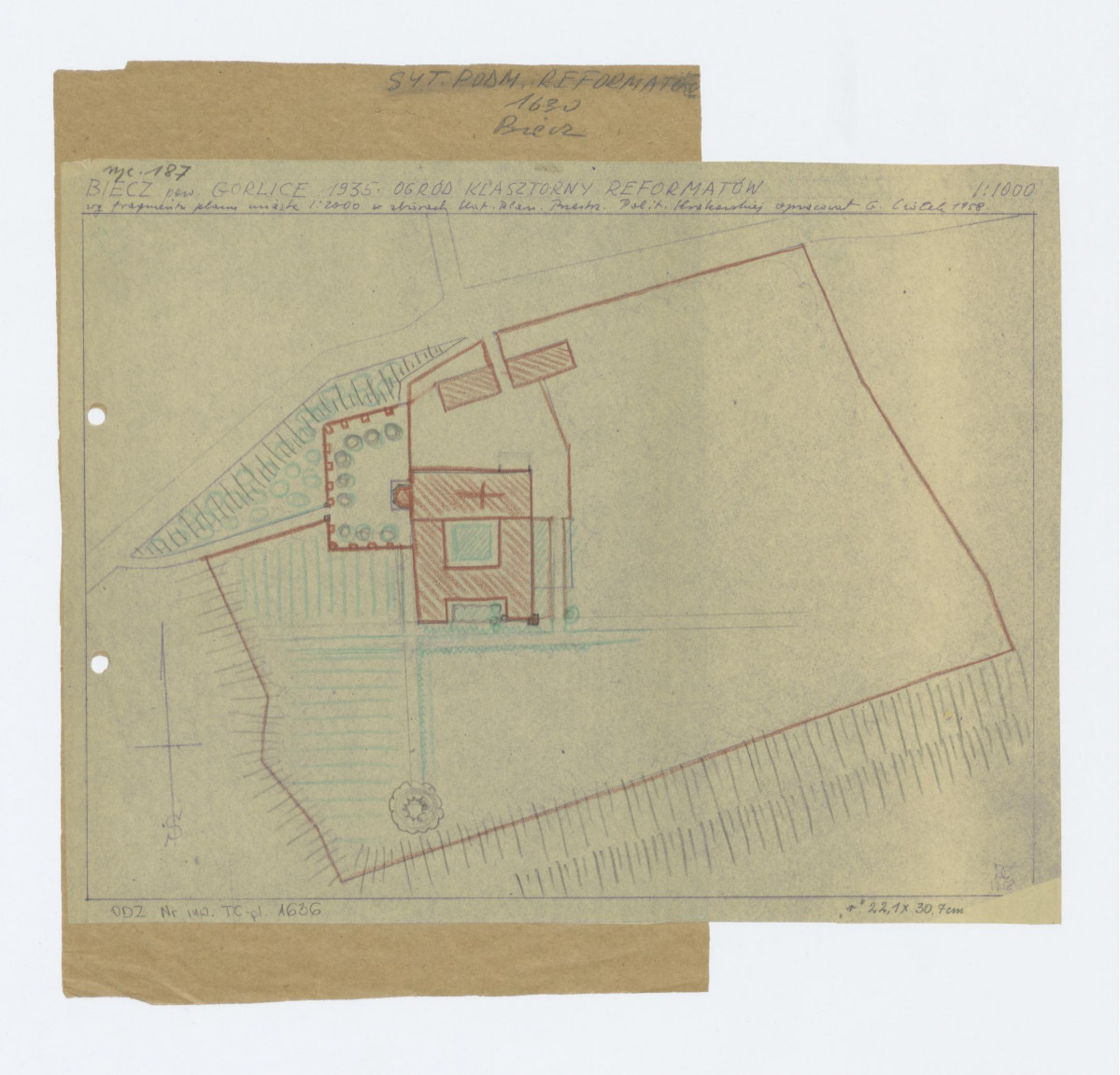 plan sytuacyjny ogrodu klasztornego według fragmentów planu miasta 1:2000 w zbiorach Katastralnych Planów Przestrzennych Politechniki Krakowskiej /1935/ skala 1:1000, skan 1