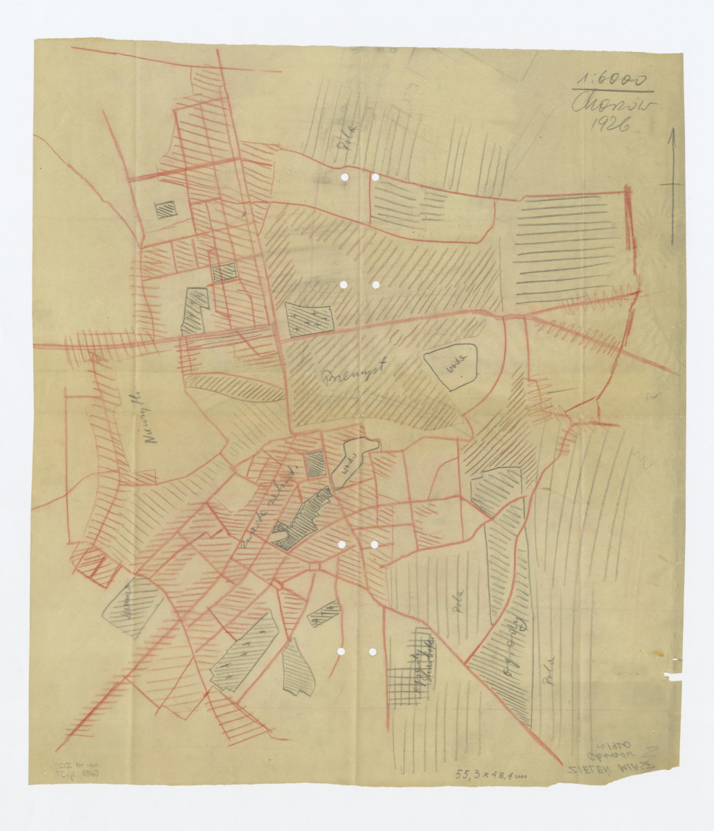 szkicowy plan miasta z zaznaczeniem terenów o zabudowie zwartej, przemysłowej, wód i zieleni miejskiej. Stan z 1926, skan 1