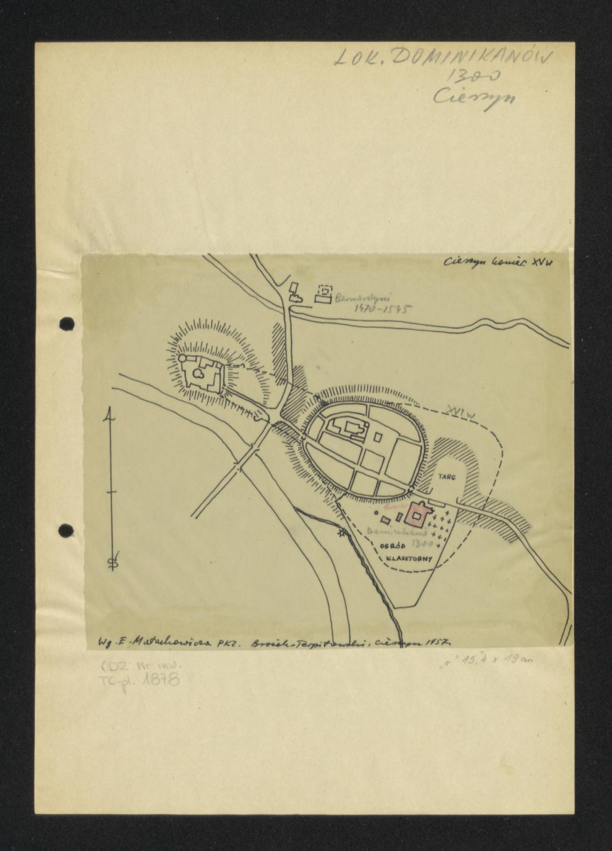 plan sytuacyjny klasztoru i terenów otaczających według E. Małachowicza Pracownie Konserwacji Zabytków. Brożek -Terpiłowski, Cieszyn 1957 rok, skan 1