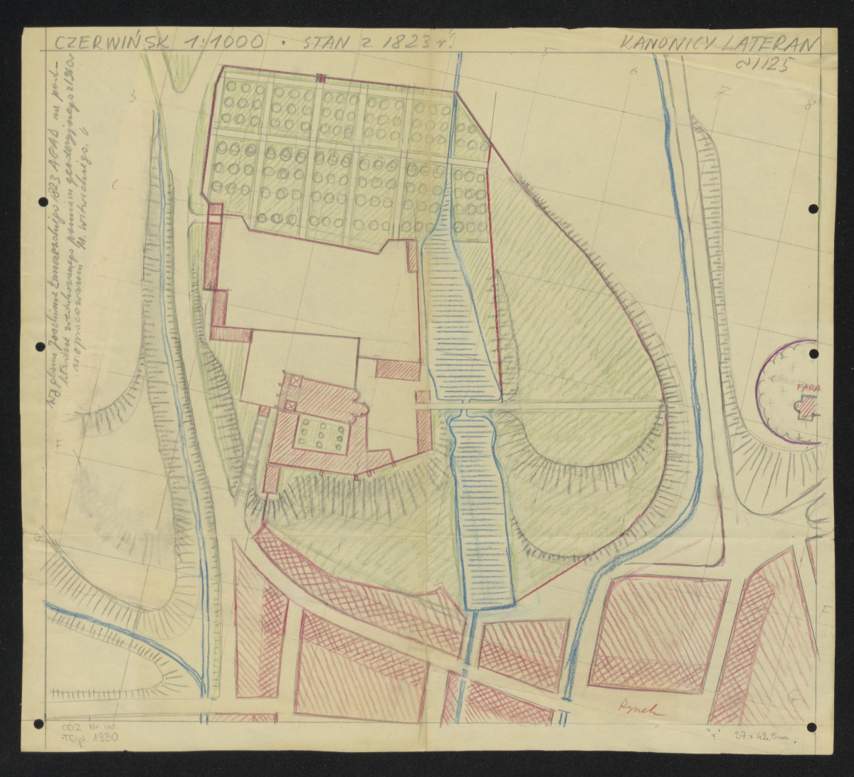 1:1000; plan sytuacyjny klasztoru z zabudowaniami i ogrodami klasztornymi oraz terenów otaczających, według planu Joachima Łuszczewskiego 1823 AGAD na podkładzie zredukowanego pomiaru geodezyjnego z 1960 w opracowaniu M. Witwickiego, skan 1