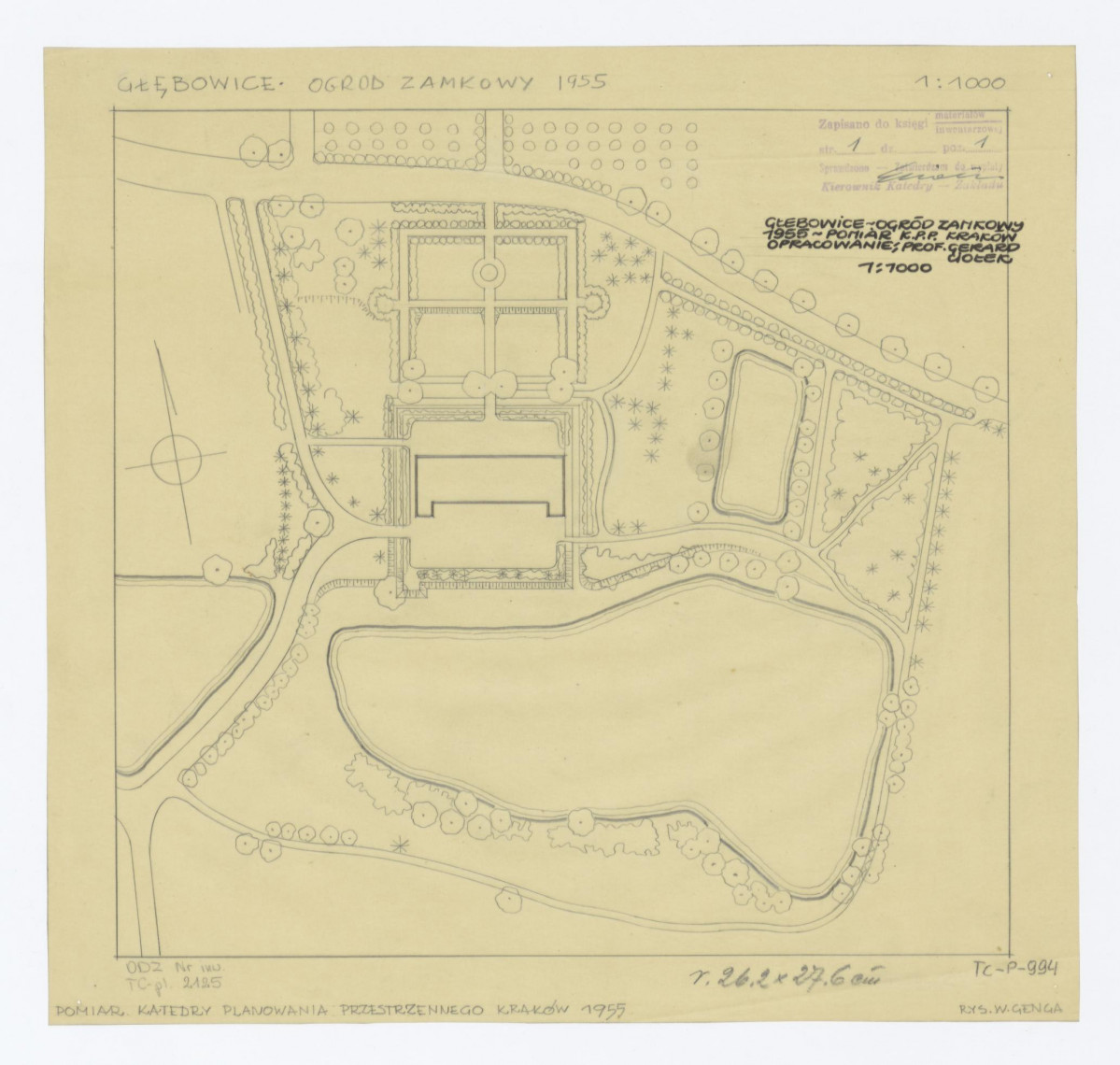 1:1000; plan sytuacyjny przeskalowany - według pomiaru Katedry Planowania Przestrzennego Politechniki Krakowskiej z 1955 roku, skan 1
