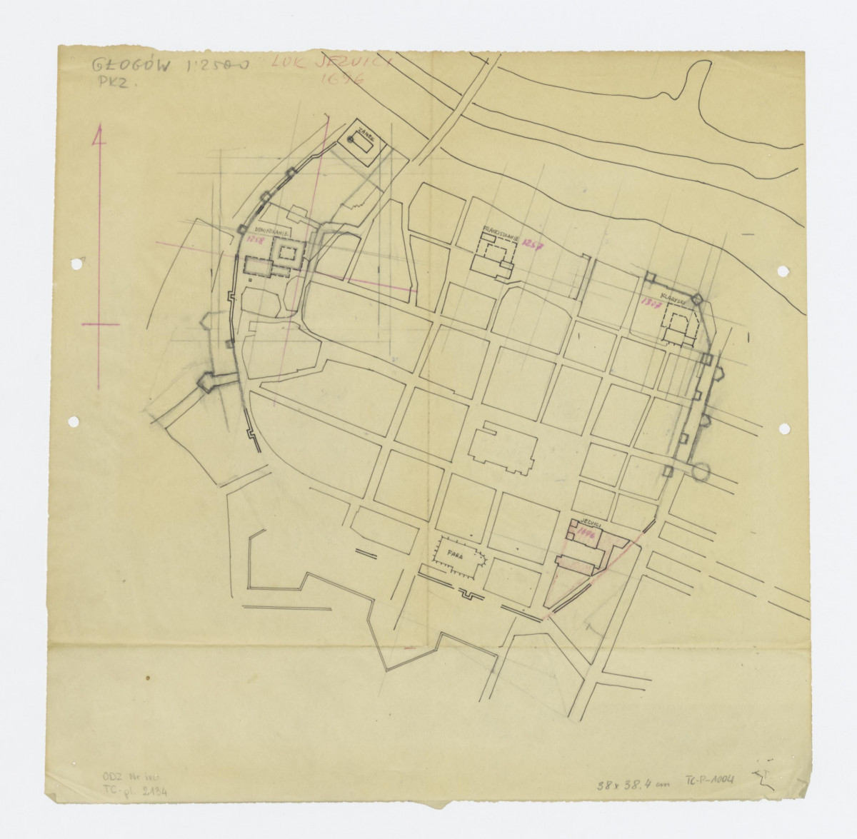 1:2500; plan sytuacyjny miasta. Lokalizacja klasztorów jezuickich z1696 roku, skan 1