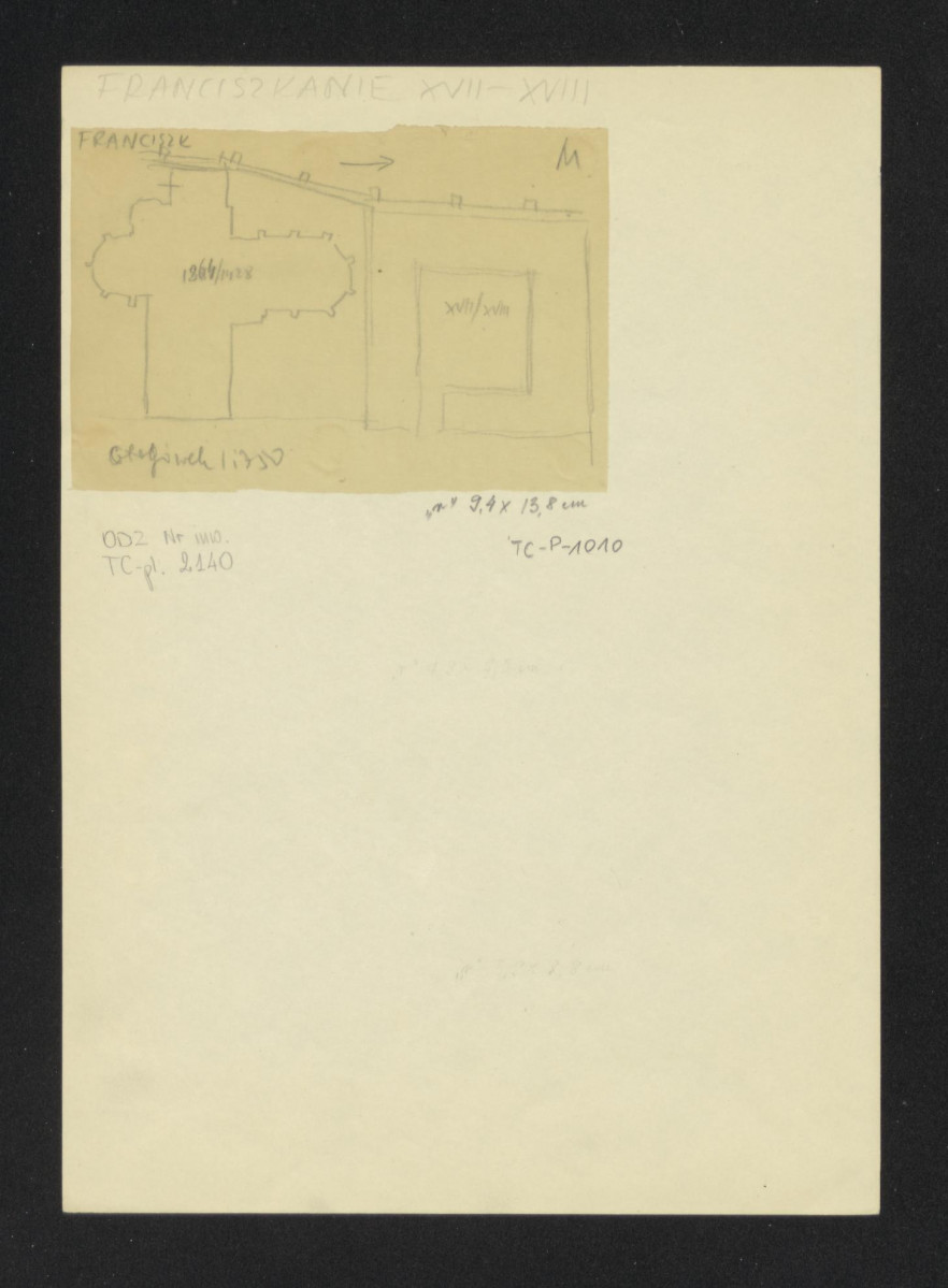 1:750, plan sytuacyjny klasztoru z kościołem /odrys planu?/, skan 1