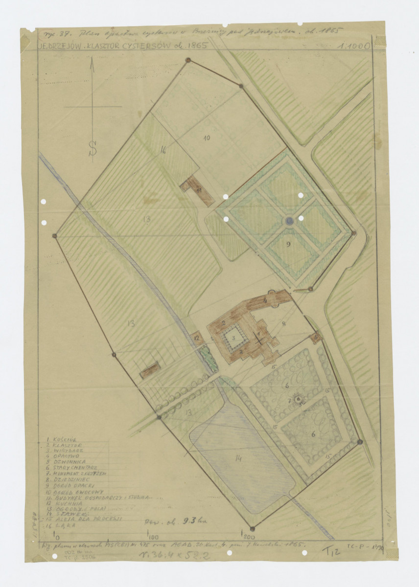 1:1000; klasztor Cystersów około 1865 r. plan opactwa w Brzezinach pod Jędrzejowem, skan 1