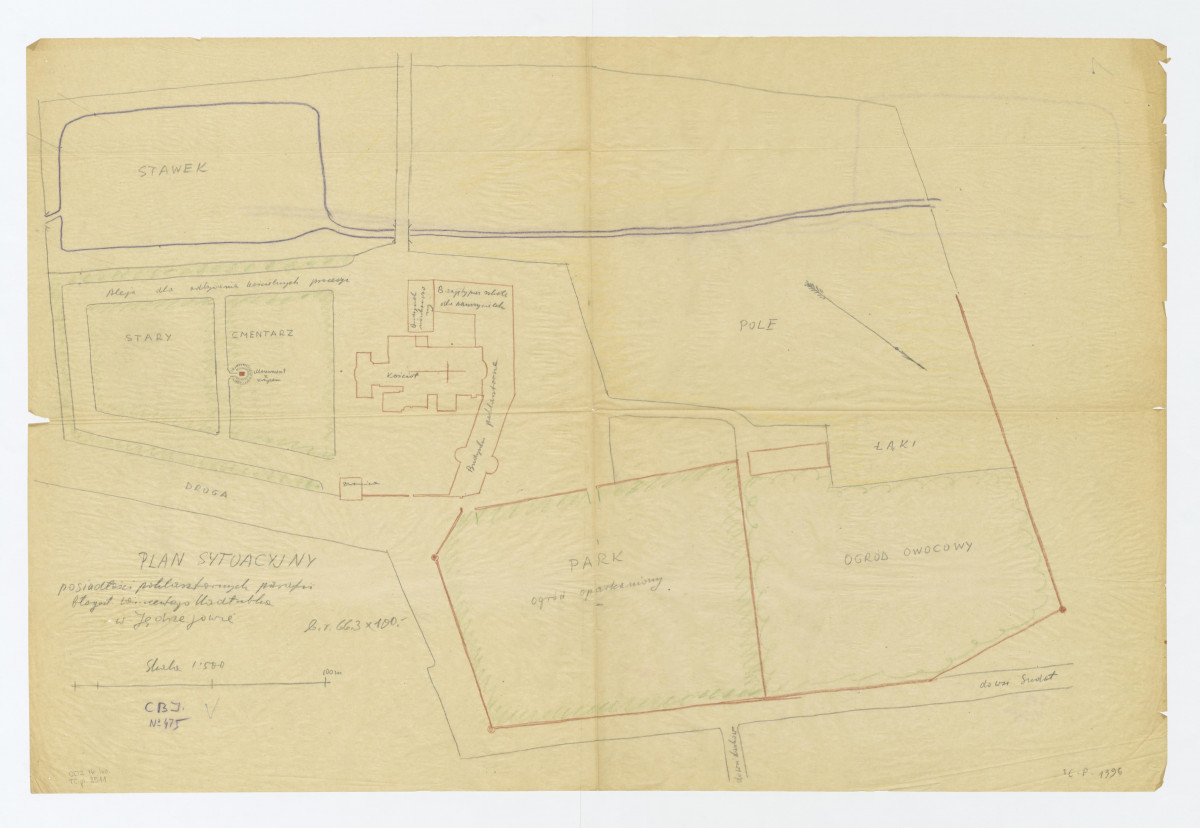 plan sytuacyjny posiadłości poklasztornych parafii błogosławionego Wincentego Kadłubka. Odrys z materiałów archiwalnych, skan 1