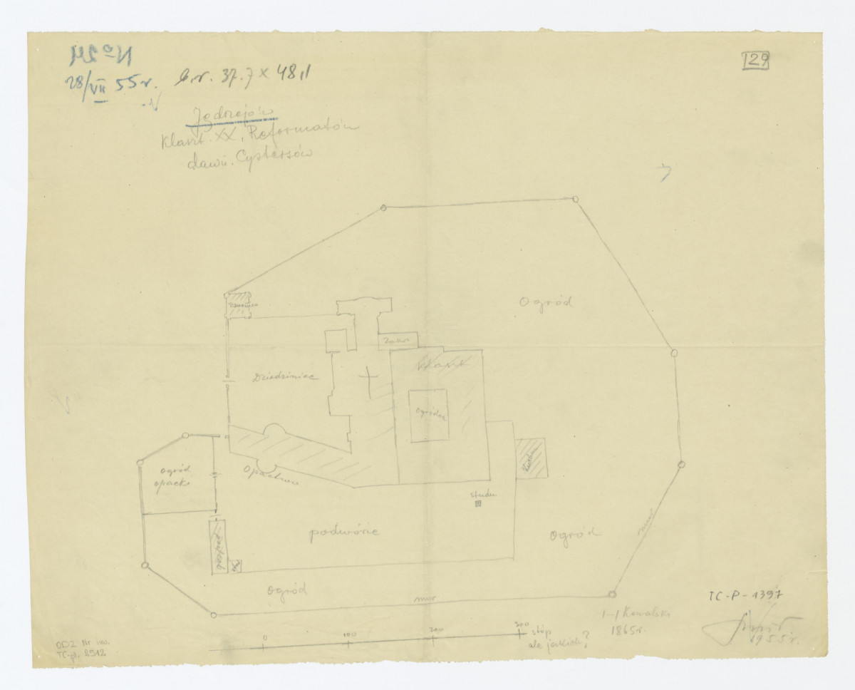 plan sytuacyjny klasztoru XX Reformatów, dawniej Cystersów z 1865 r. Odrys archiwalny, skan 1