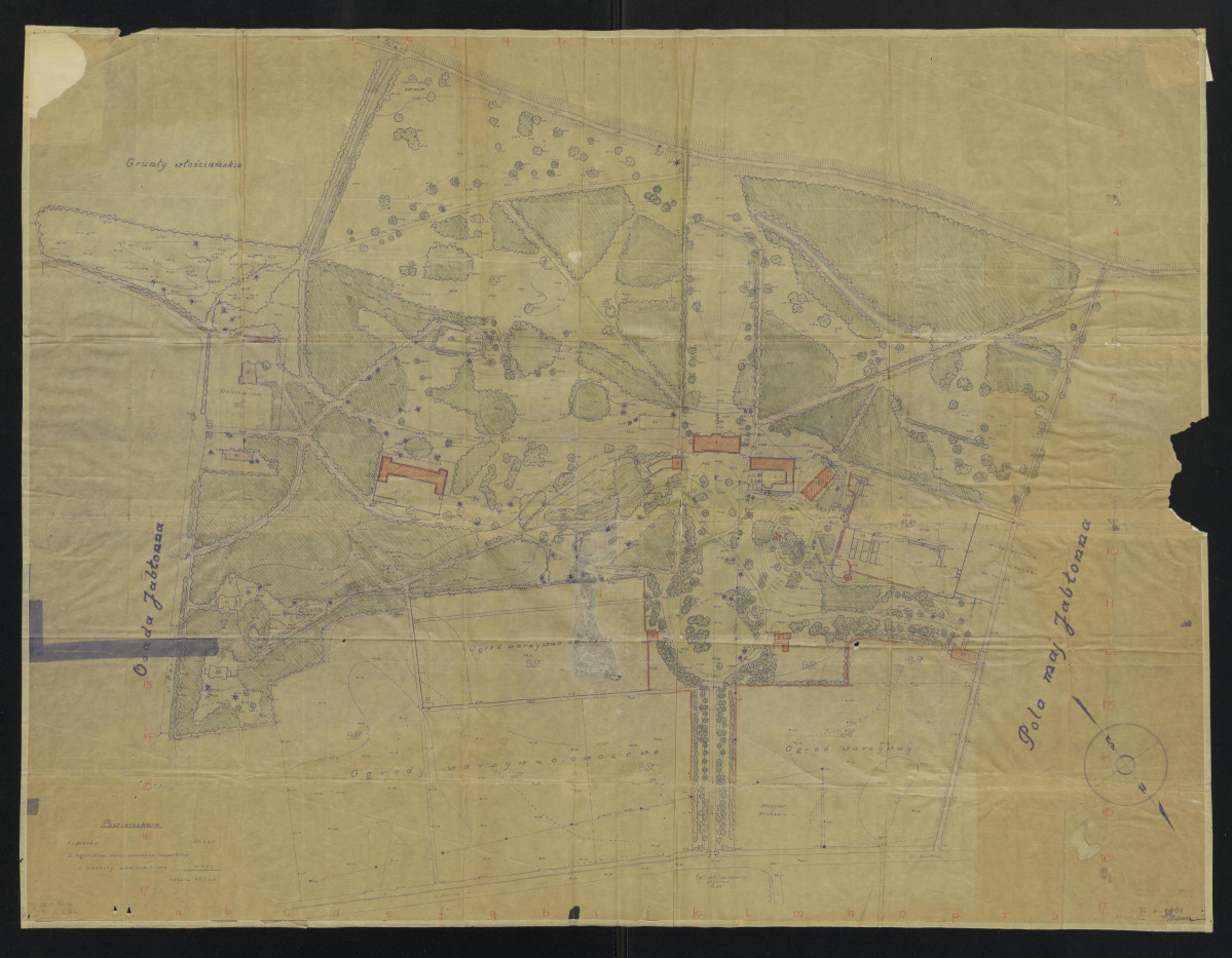 plan sytuacyjno-wysokościowy. Napisy objaśniające. Określone własności gruntów sąsiadujących z założeniem parkowym, skan 1