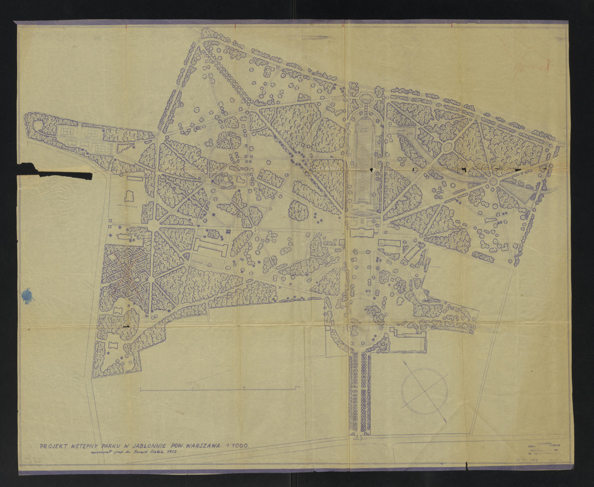 1:1000; rzut, projekt wstępny. Napis: PROJEKT WSTĘPNY PARKU W JABŁONNIE. POWIAT Warszawa; opracował prof. dr Gerard Ciołek 1953. napisy objaśniające, skan 1