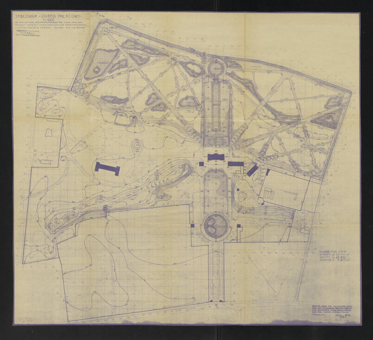 1:1000; projekt wstępny zagospodarowania przestrzennego, ukształtowanie terenu i bilans mas ziemnych. Napis:  WEDŁUG POMIARU STYUACYJNO-WYSOKOŚCIOWEGO INŻ. JÓZEFA Kasperskiego 1947 rok. UZUPEŁNIONY POMIAREM 1958. PROJEKT WSTĘPNY ZAGOSPODAROWANIA PRZESTRZENNEGO. UKSZTAŁTOWANIE TERENU. BILANS MAS ZIEMNYCH. napisy objaśniające i wymiary. legenda z bilansu mas ziemi., skan 1