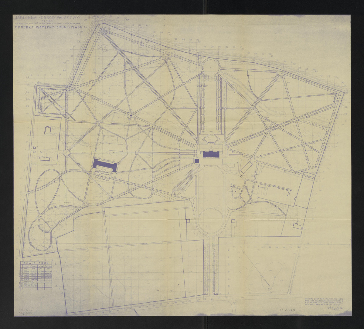 1:1000; projekt wstępny dróg i placów na planie sytuacyjno-wysokościowym z 1958 roku. Napis: JABŁONNA. OGRÓD PAŁACOWY. WEDŁUG POMIARU SYTUACYJNO WYSOKOŚCIOWEGO INŻ. JÓZEFA KASPERSKIEGO 1947 rok. UZUPEŁNIONY POMIAREM 1958. PROJEKT WSTĘPNY - DROGI. PALCE. Napisy objaśniające i wymiary. Legenda z bilansem dróg., skan 1