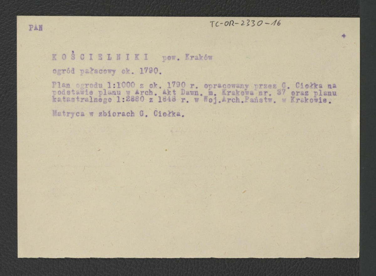 opis do niezachowanego w obwolucie planu ogrodu z 1790 r. opracowanego przez G. Ciołka na podstawie planu a Archiwum AD w Krakowie (nr 37) oraz planu katastralnego z 1848 r. z Wojewódzkiego Archiwum Państwowego w Krakowie , skan 1