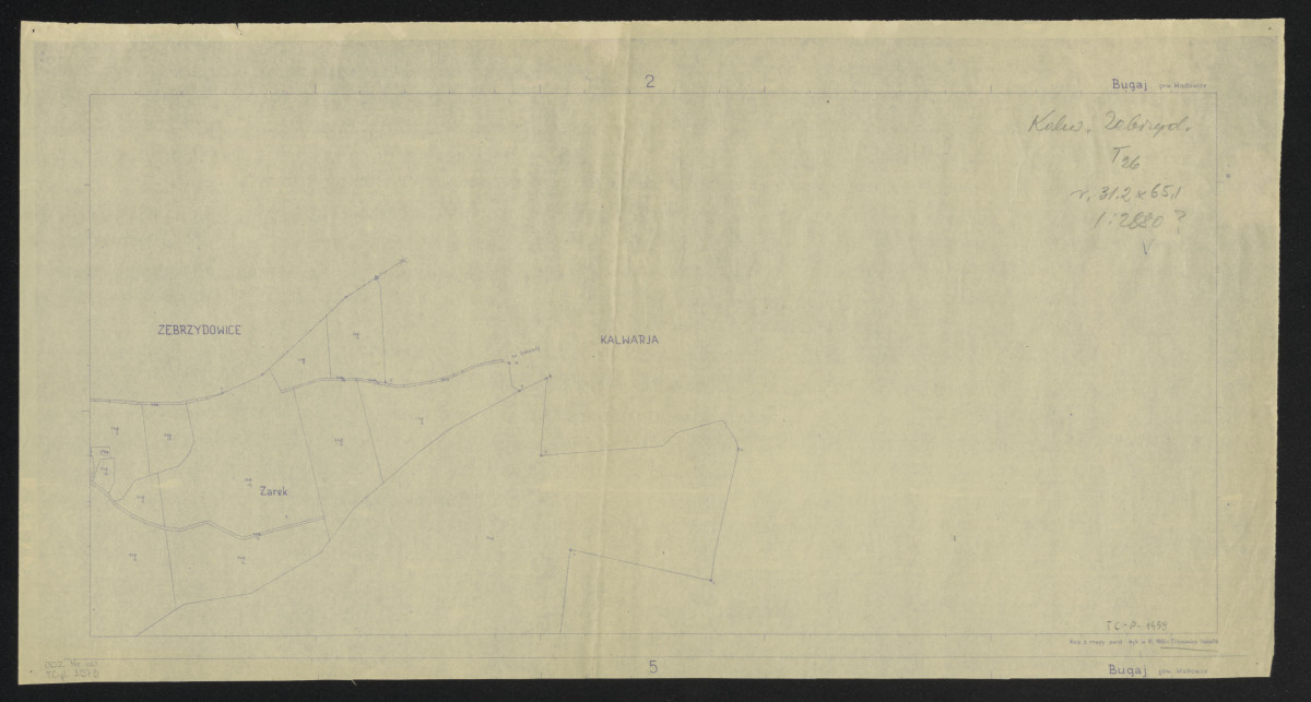 plan gruntów z mapy ewidencyjnej, przyległych do Zebrzydowic i Kalwarii. kopia, skan 1