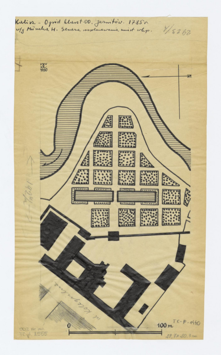 plan sytuacyjny klasztoru z zabudowaniami i ogródem klaszotrnym /według Műncka H. Geneza/, skan 1
