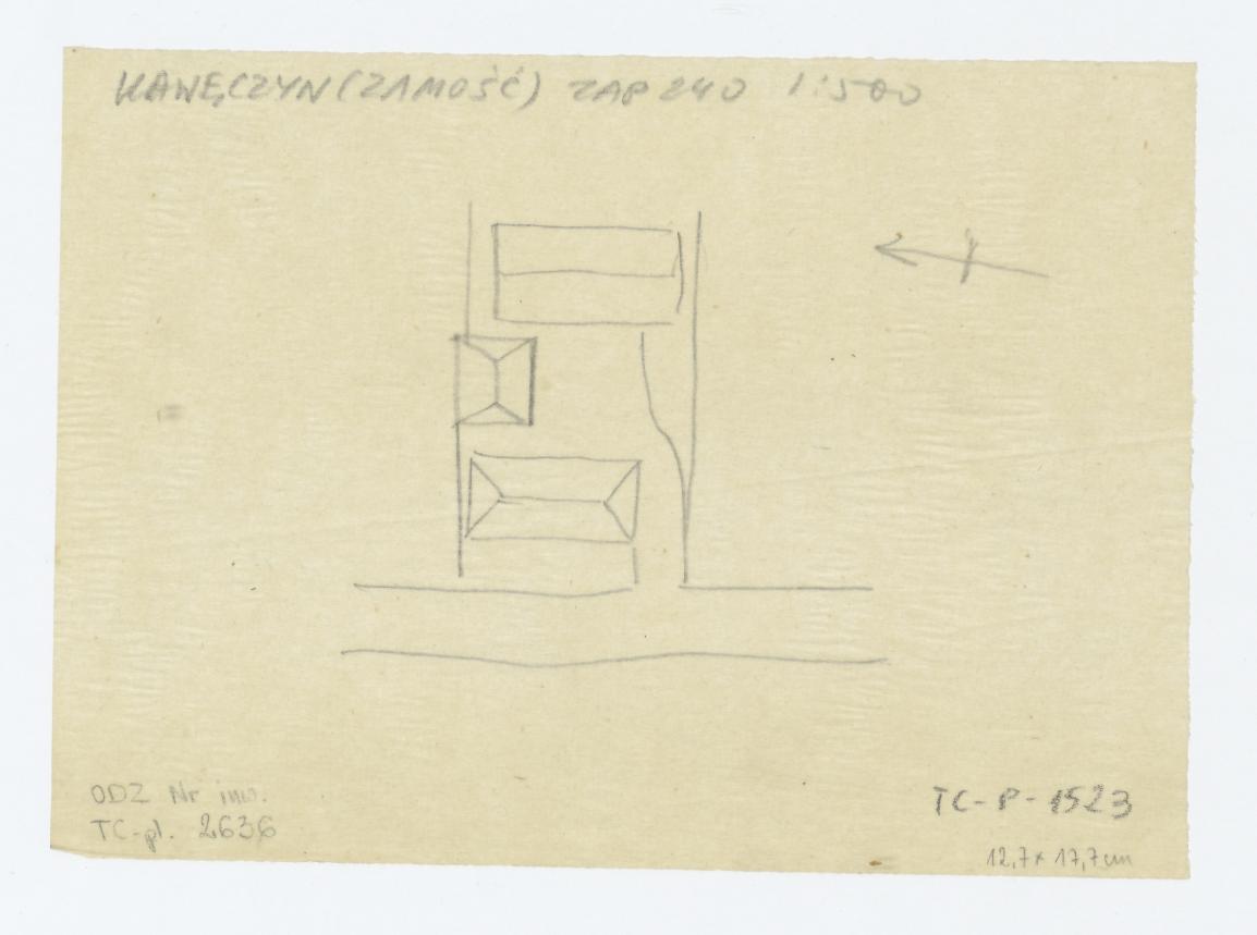 schematyczny plan zagrody. Plan orientowany, 1:500, skan 1