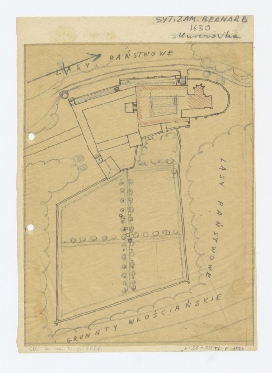 plan sytuacyjny kościoła i zabudowań klasztornych Bernardynów na Karczówce, wraz z ogrodem,  1:1000, skan 1
