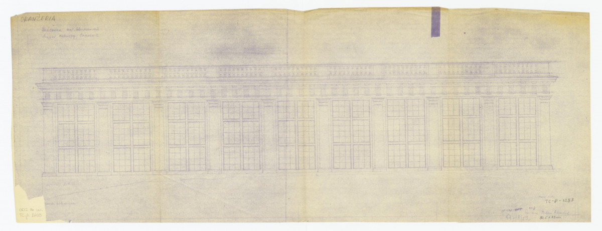 projekt roboczy oranżerii - elewacja, skala 1:50, skan 1