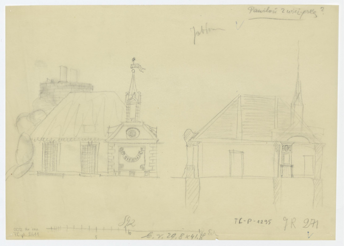 Odrys elewacji i przekroju pawilonu ogrodowego. Rysunek archiwalny, skan 1