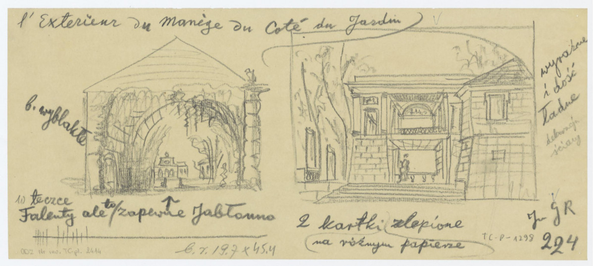 Odrys dekoracji ściany w teczce Falenty ale to Zakład Architektury Politechniki Jabłonna. Rysunek archiwalny., skan 1